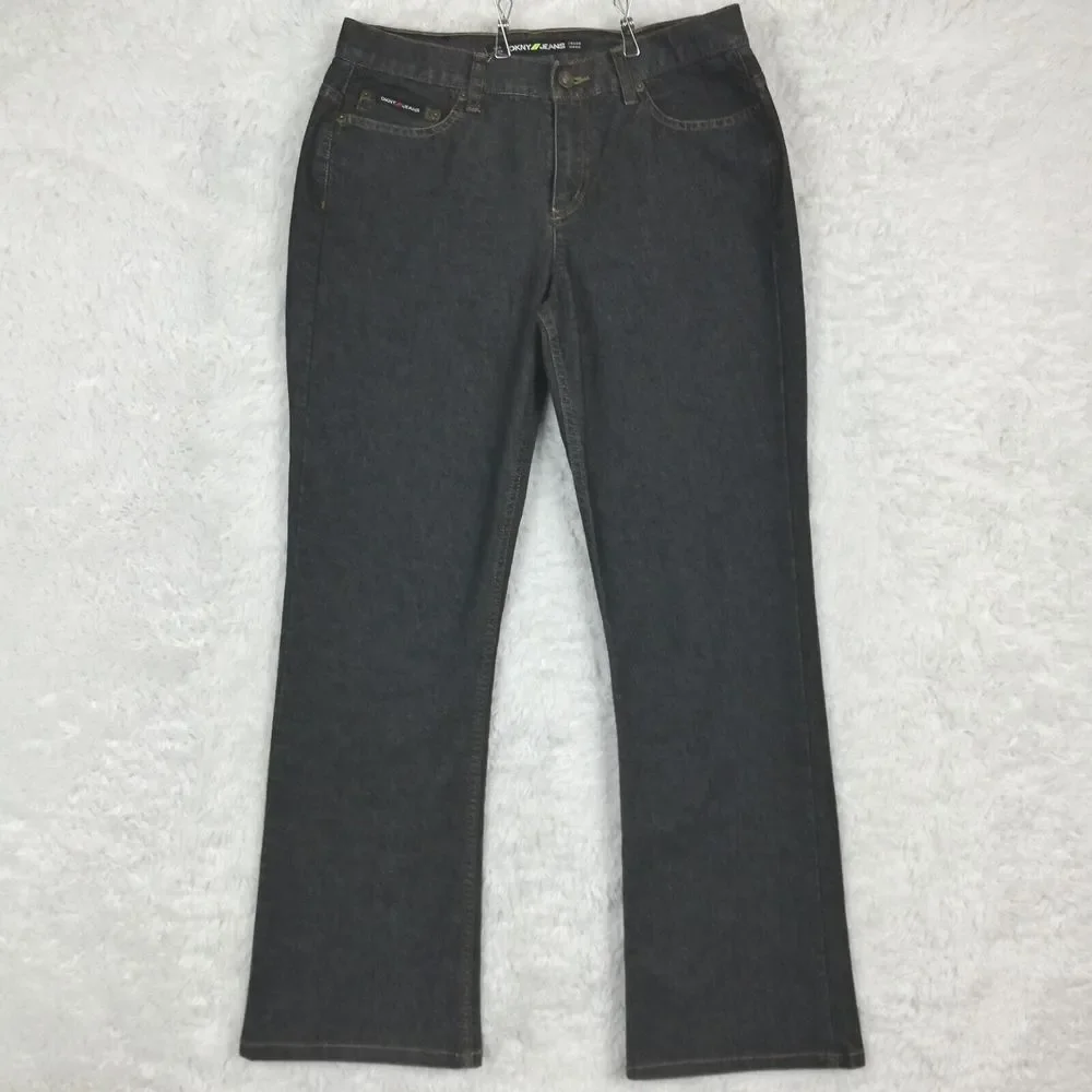 DKNY Womens Jeans Boot Cut Denim Black Wash Mid Rise Stretch 8‎